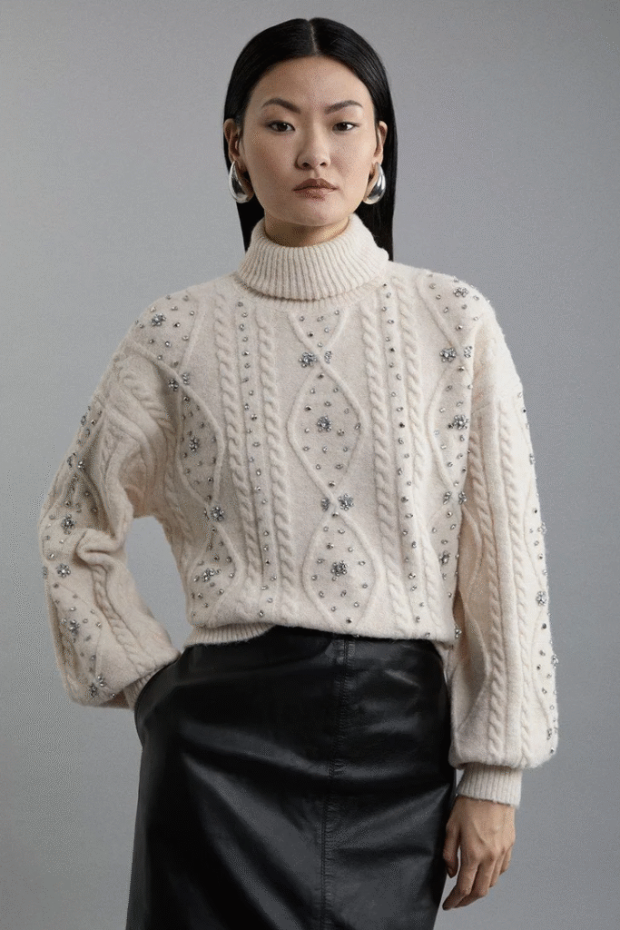 KarenMillen
Wool Blend Embellished Cable Knit Jumper