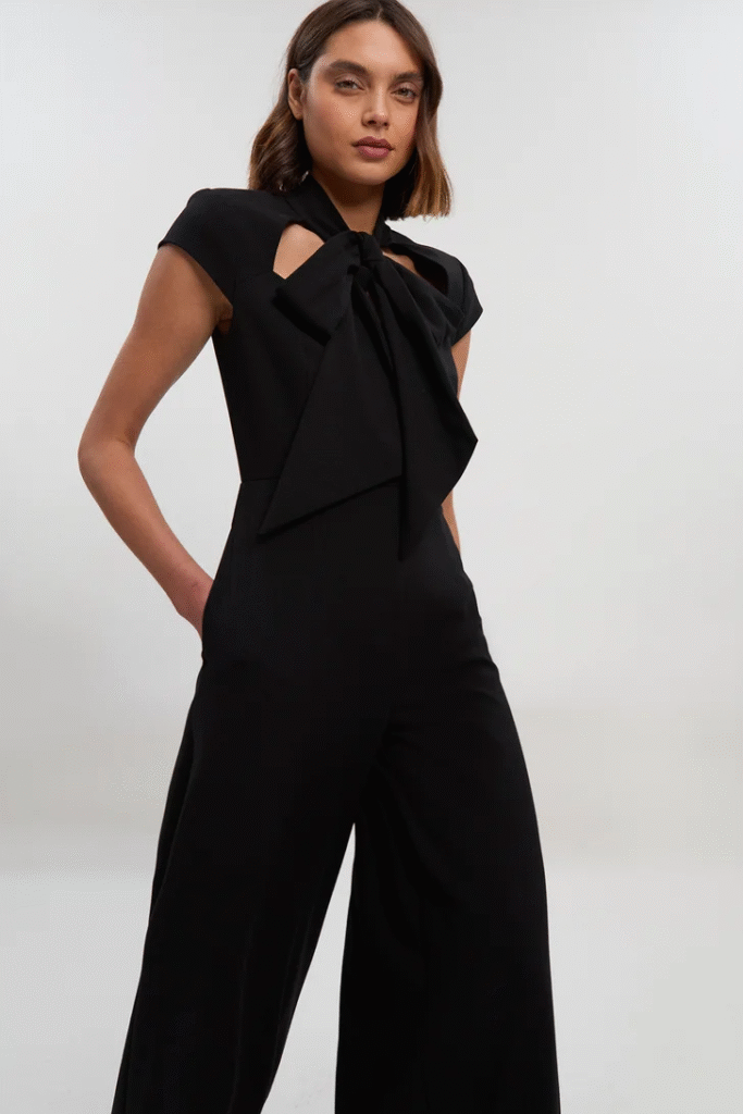 KarenMillen
Compact Stretch Bow Tie Neck Tailored Wide Leg Jumpsuit