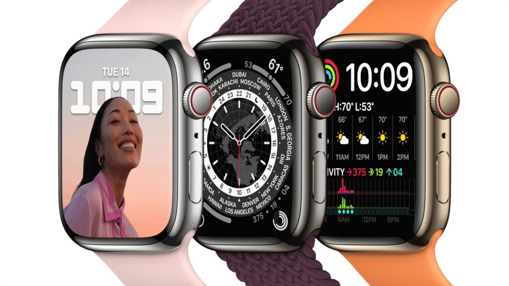 “Three Apple Watches with different watch faces and bands, showing portrait photo face, world clock face, and weather/activity dashboard.”